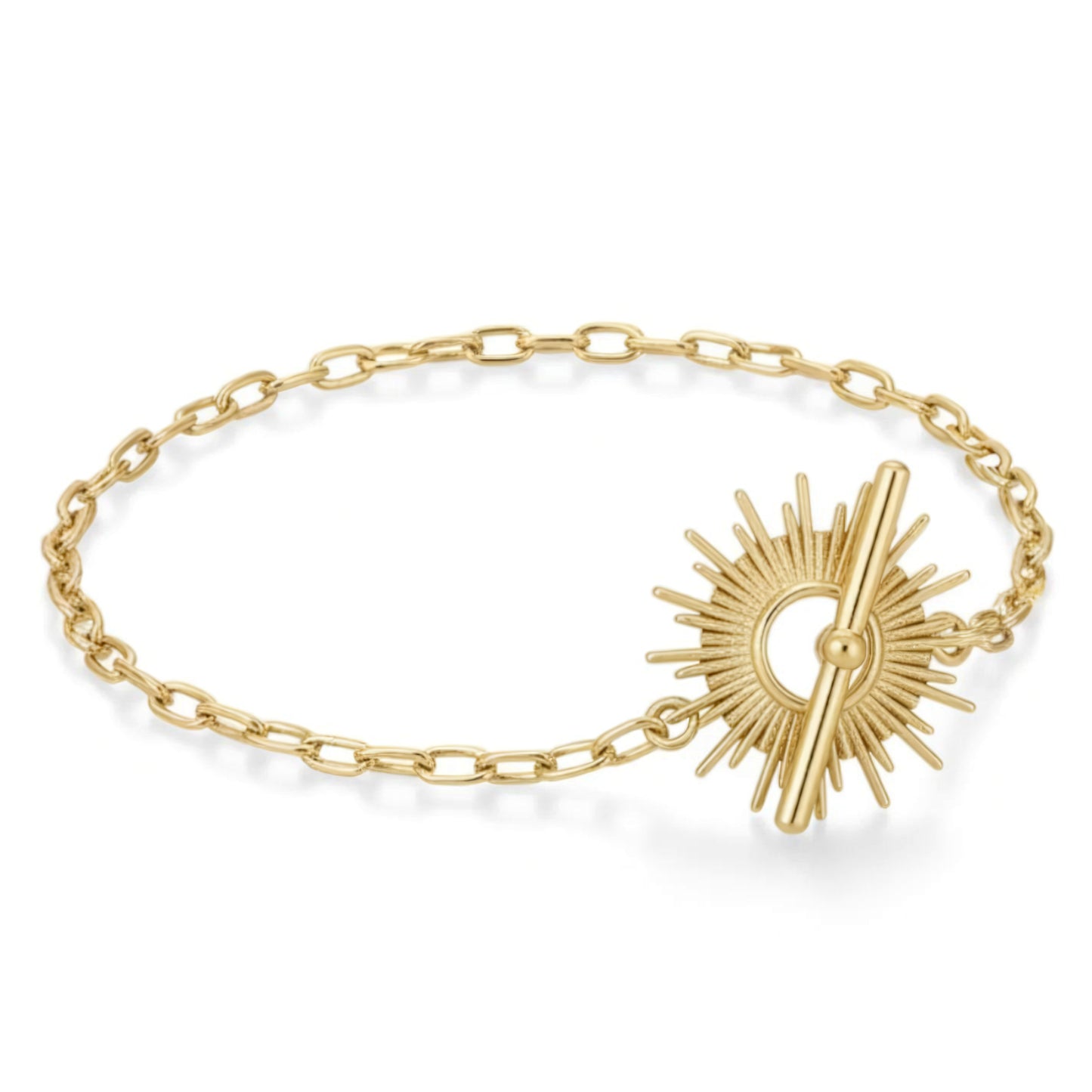 Radiant Sun Toggle - 14K Gold Plated Sunburst Bracelet | Sterling Silver 7.5" Statement Piece