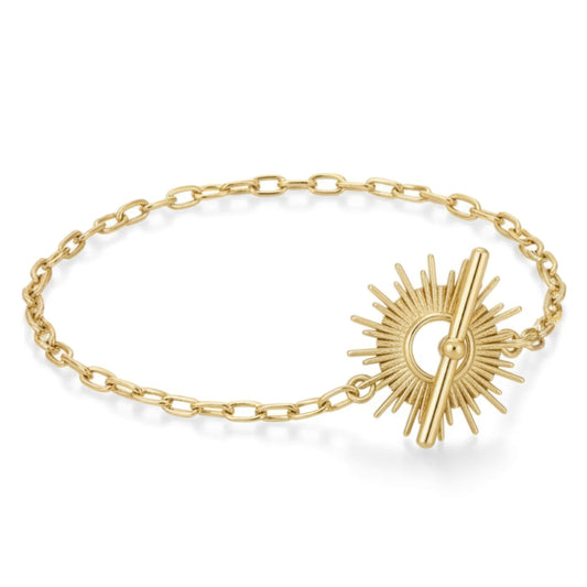 Radiant Sun Toggle - 14K Gold Plated Sunburst Bracelet | Sterling Silver 7.5" Statement Piece
