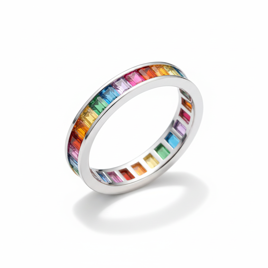 Rainbow Baguette Eternity Band Ring Angled White Background HD