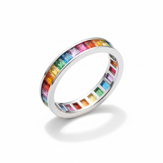 Rainbow Baguette Eternity Band Ring Angled White Background HD
