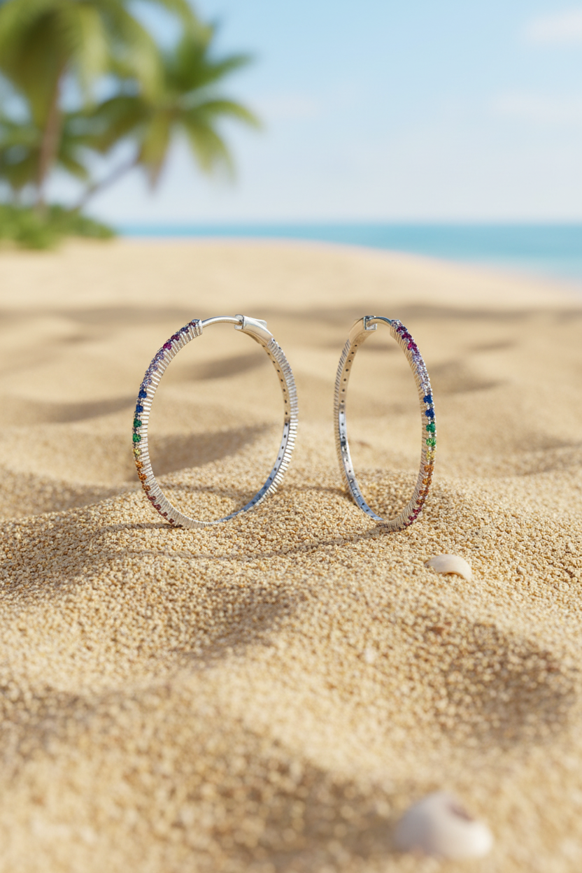 Rainbow CZ hoops on tropical beach sand