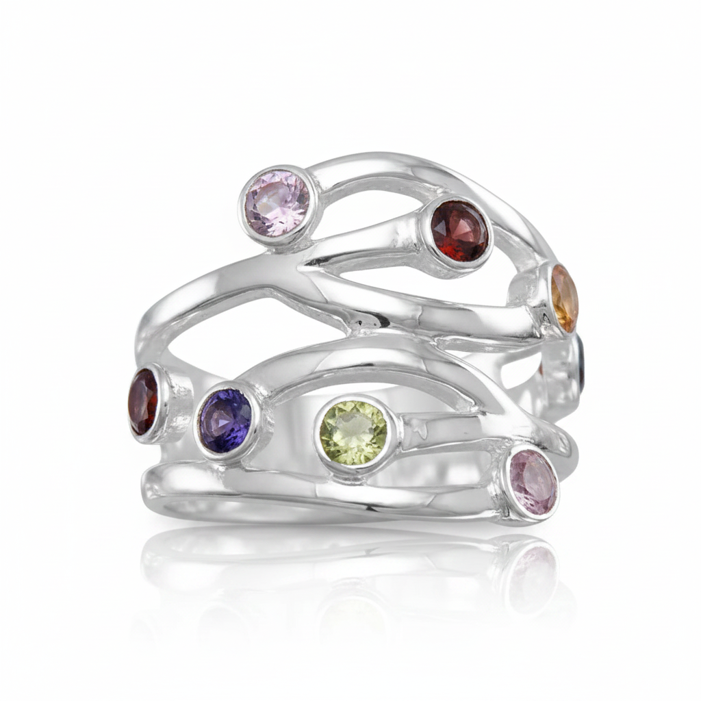 Rainbow Nine Gemstone Interweaving Wire Wide Band Silver Ring Supplier Reference Pure White Background Tilted Reflection 1x1