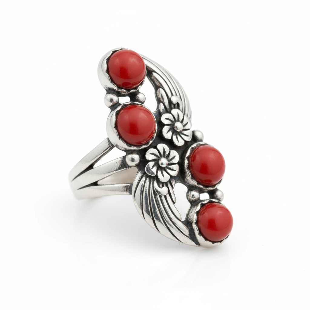 Red Coral Curved Leaf Silver Ring Angled White Background HD