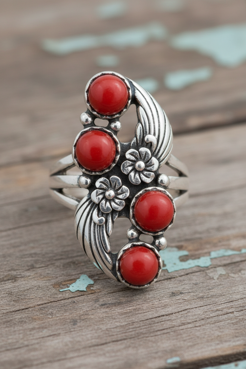 Red Coral Curved Leaf Silver Ring Original Color Weathered Wood