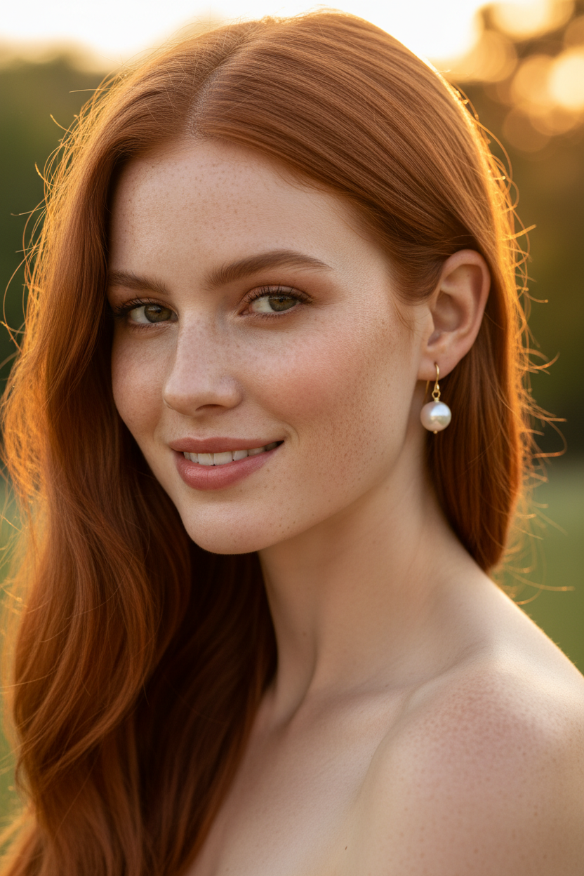 Red hair model wearing Akoya pearl earrings
