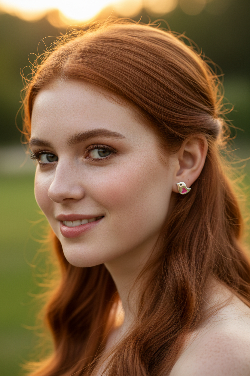 Red hair model wearing love bird earrings