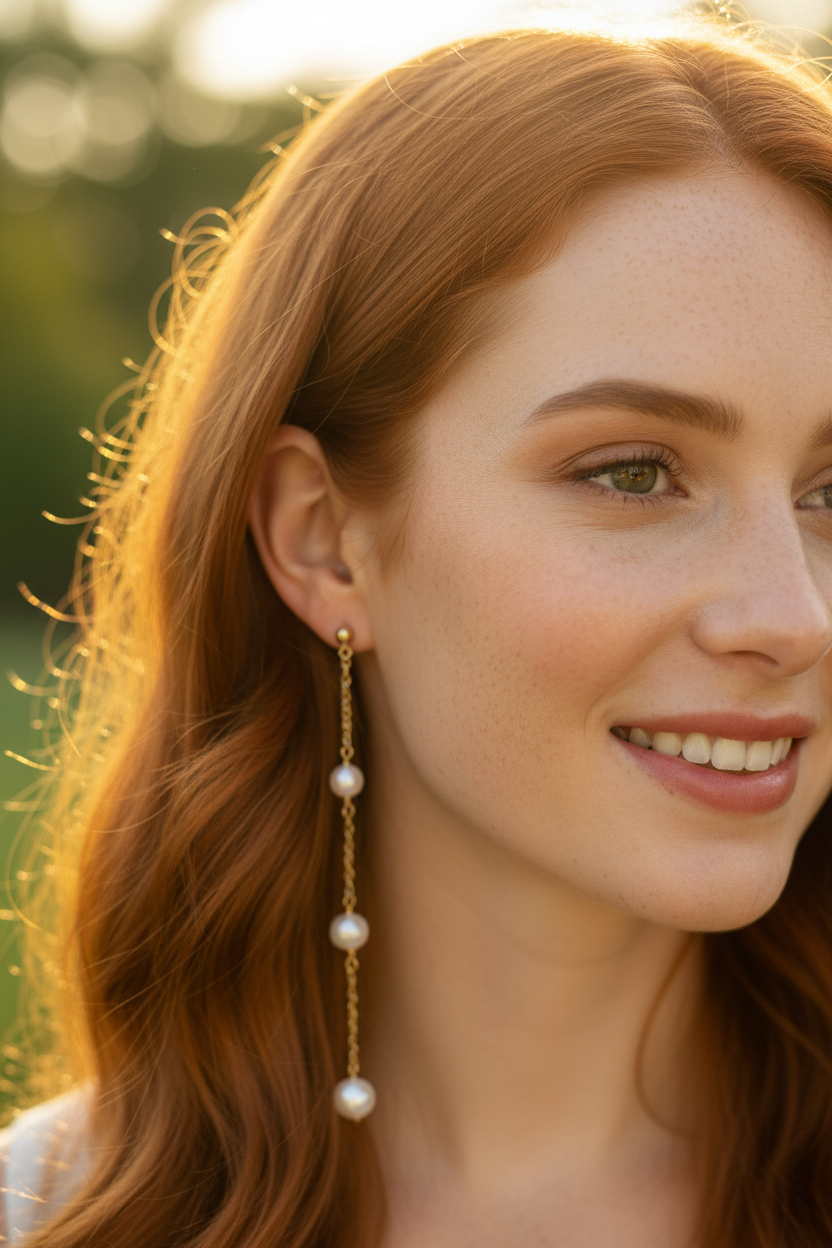 Red hair model wearing pearl cascade earrings