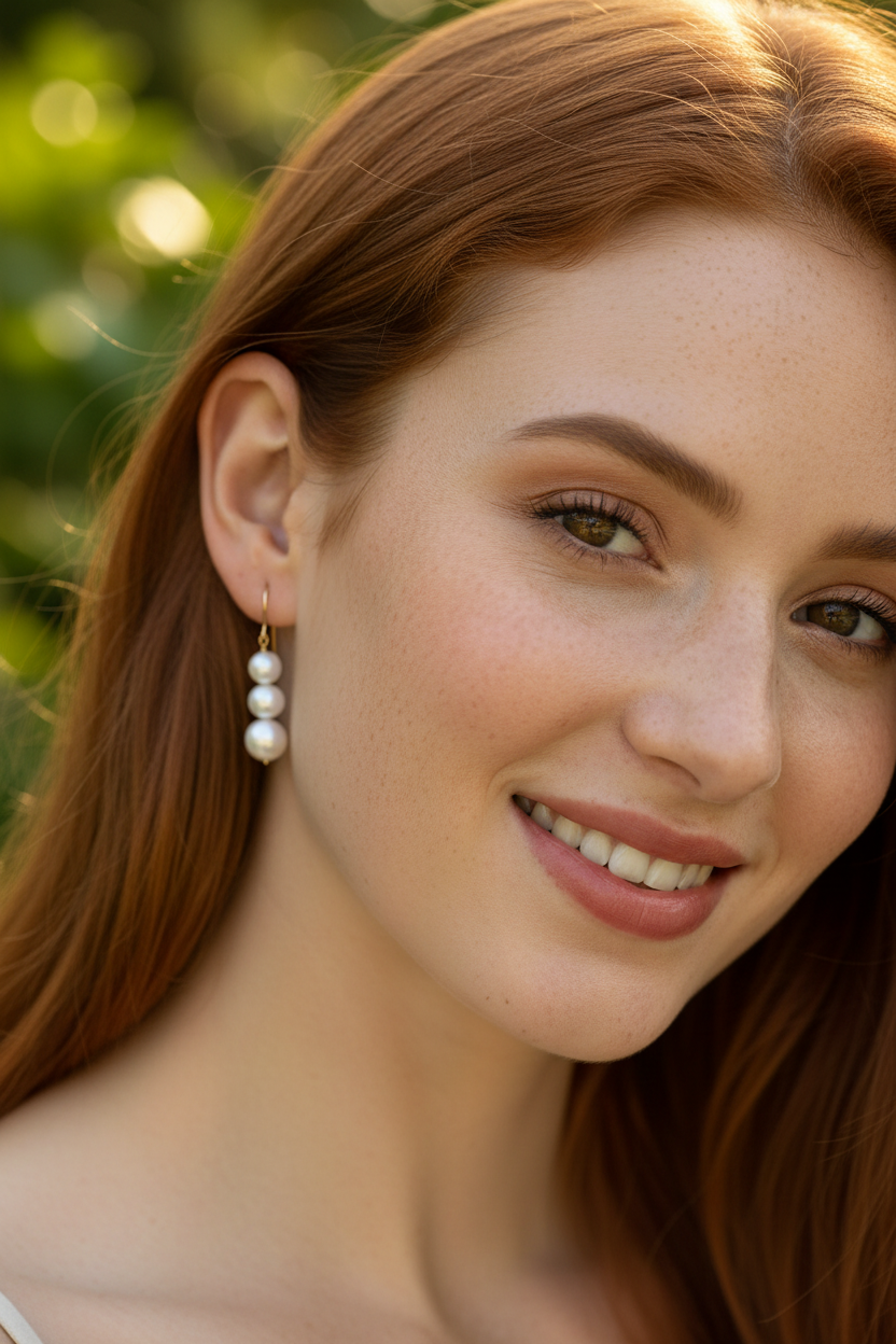 Red hair model wearing pearl drop earrings