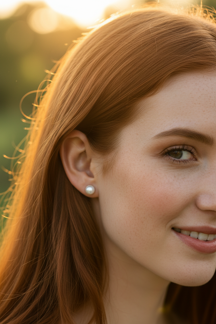 Red hair model wearing pearl earrings