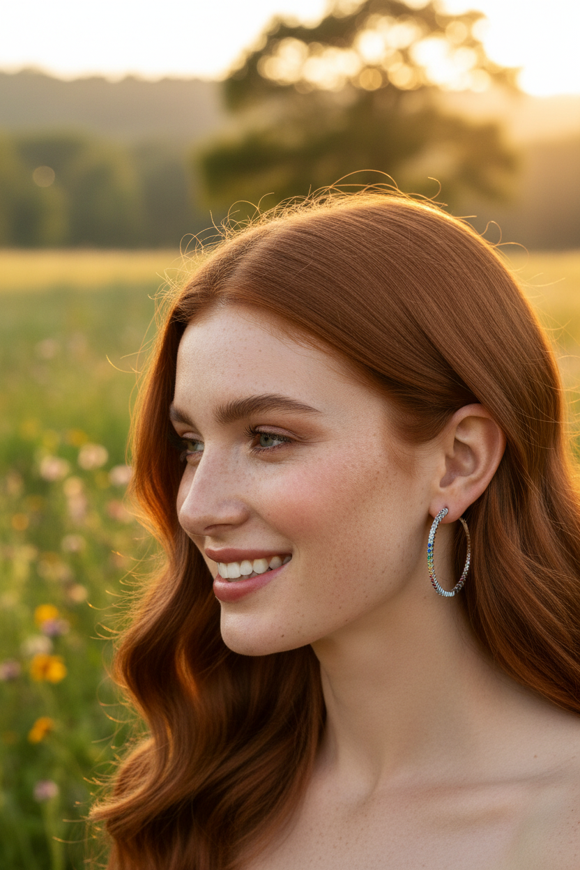 Red hair model wearing rainbow spectrum hoops