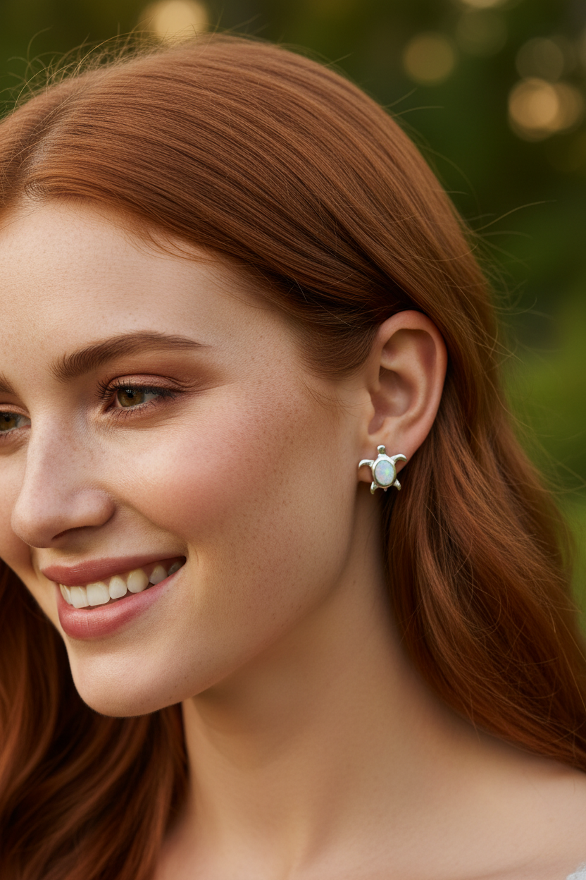 Red hair model wearing sea turtle earrings