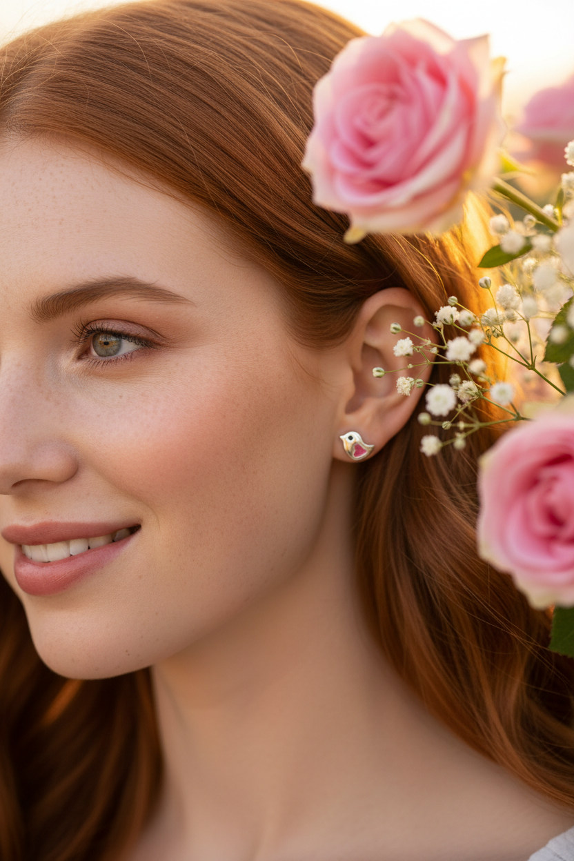 Red hair model with pink roses