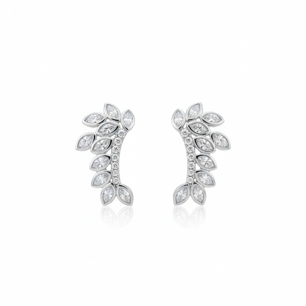 Rhodium-plated CZ botanical earrings symmetrical view