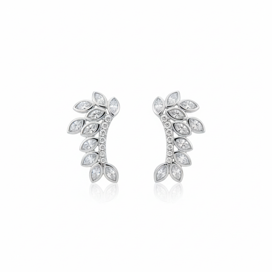 Rhodium-plated CZ botanical earrings symmetrical view