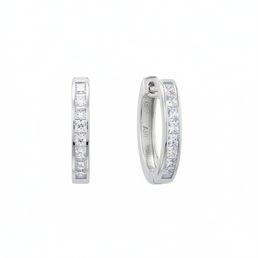 Rhodium-plated CZ hinged hoops symmetrical view