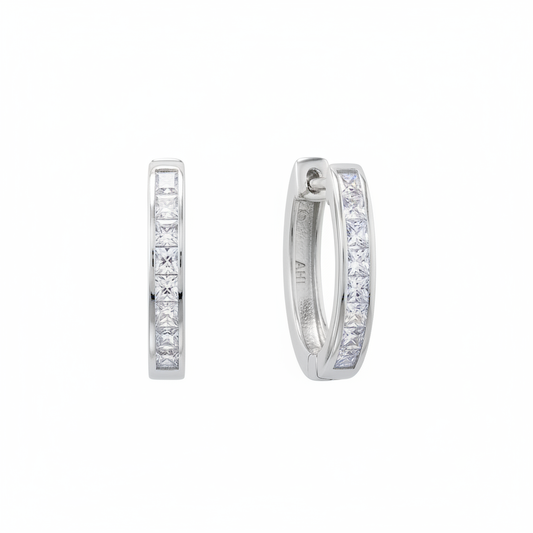 Rhodium-plated CZ hinged hoops symmetrical view