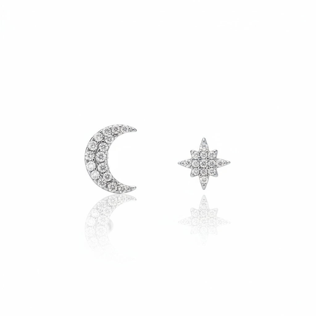 Rhodium-plated CZ moon and star mismatched studs symmetrical view