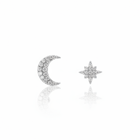 Rhodium-plated CZ moon and star mismatched studs symmetrical view