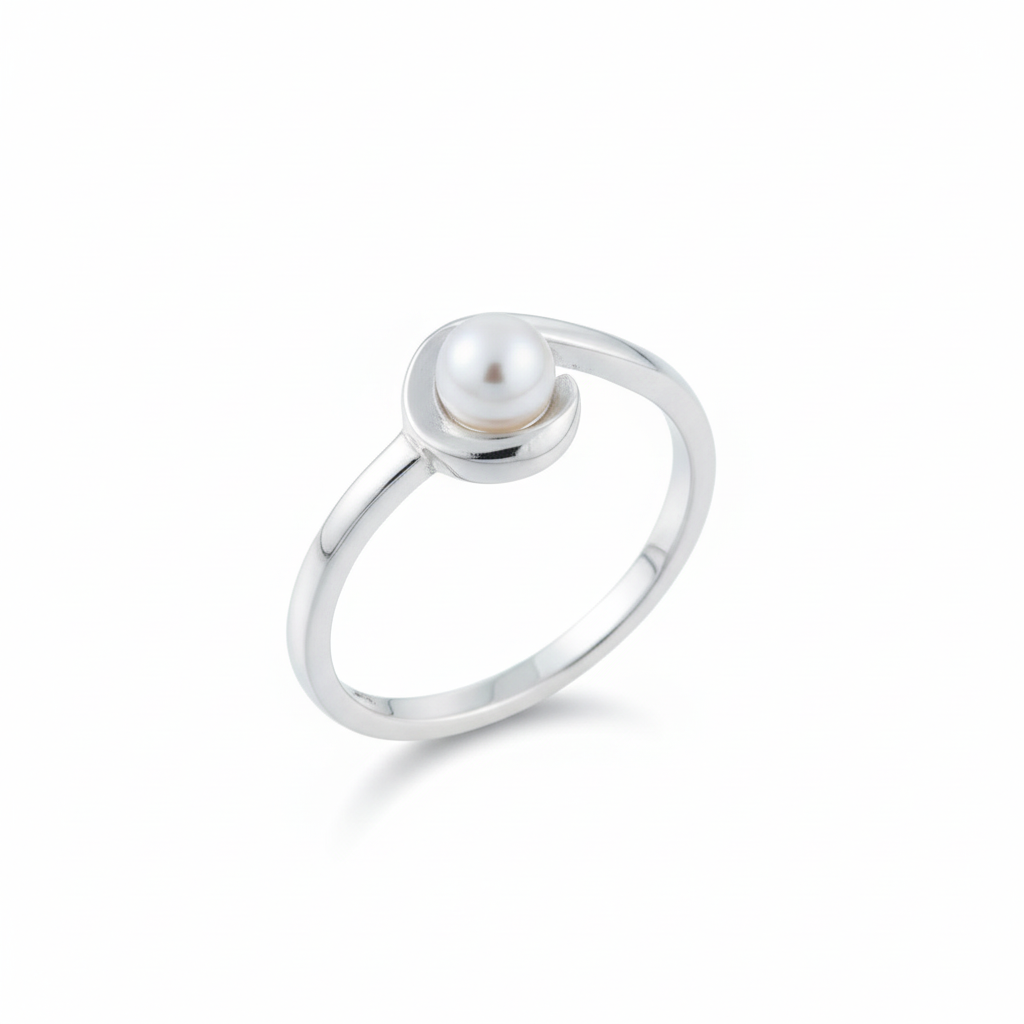 Rhodium Plated Pearl Hook Ring Angled White Background HD