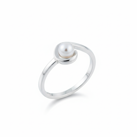 Rhodium Plated Pearl Hook Ring Angled White Background HD