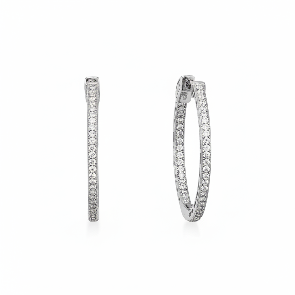 Rhodium-plated round inside-outside CZ hoops symmetrical view