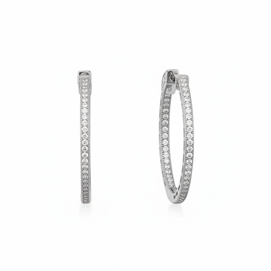 Rhodium-plated round inside-outside CZ hoops symmetrical view