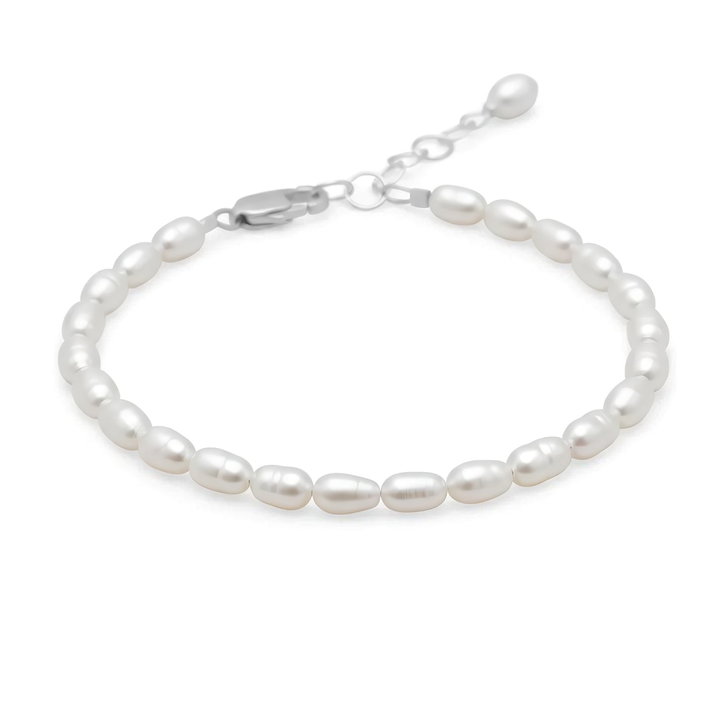 Rice Pearl Bracelet 925 Sterling Silver Freshwater Pearl 5" + 1" Lobster Clasp