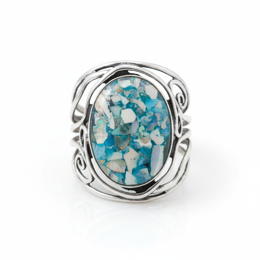 Roman Glass Oval Filigree Ring Front White Background HD