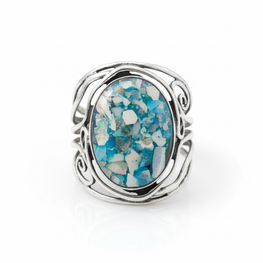 Roman Glass Oval Filigree Ring Front White Background HD
