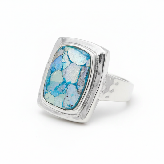 Roman Glass Rectangle Hammered Silver Ring Angled White Background HD