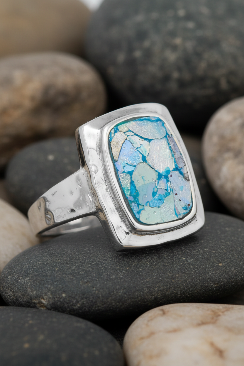 Roman Glass Rectangle Hammered Silver Ring Rock Background