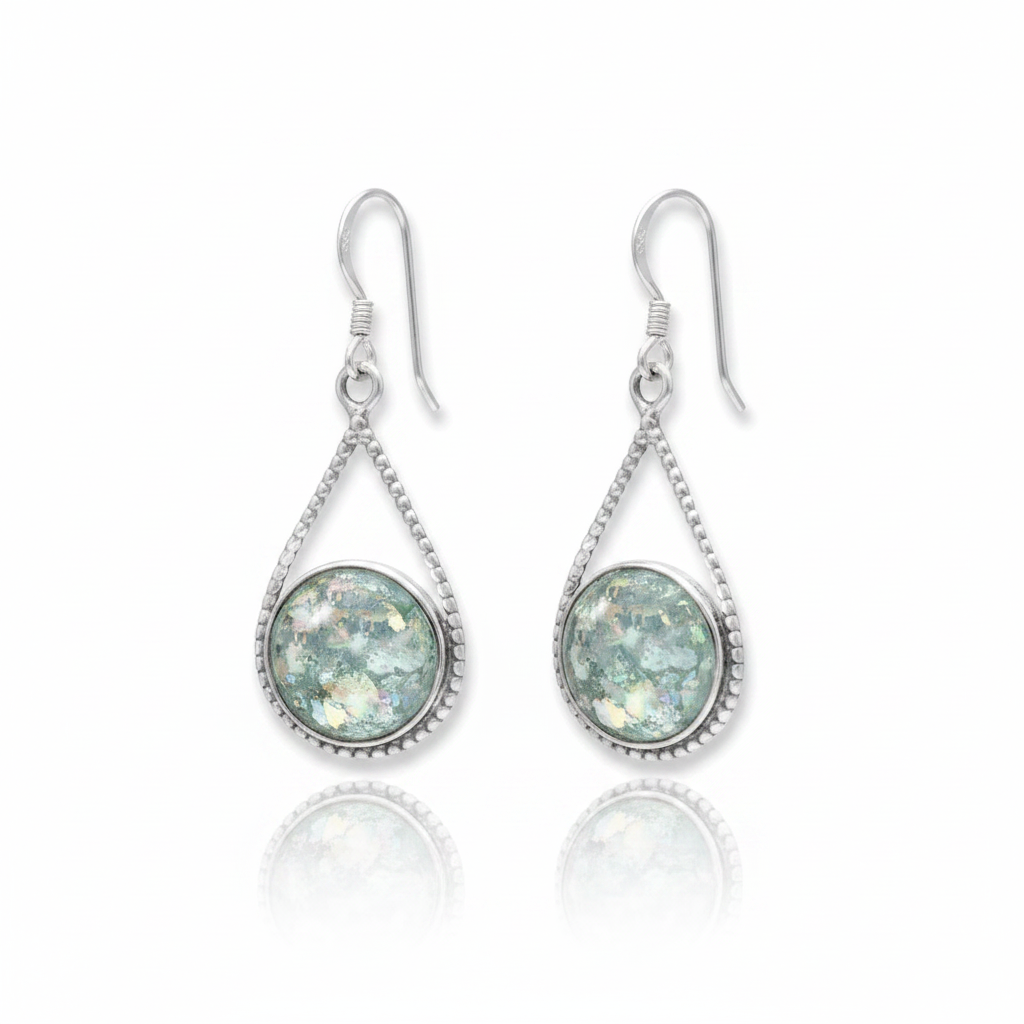 Roman Glass Round Drop Earrings Beaded Teardrop Frame Iridescent Aqua Sterling Silver Pure White Background Tilted Reflection 1x1