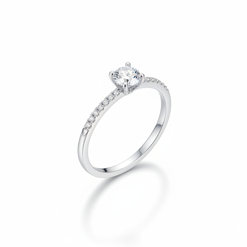Round CZ Solitaire Pave Band Ring Tilted White Background 1x1