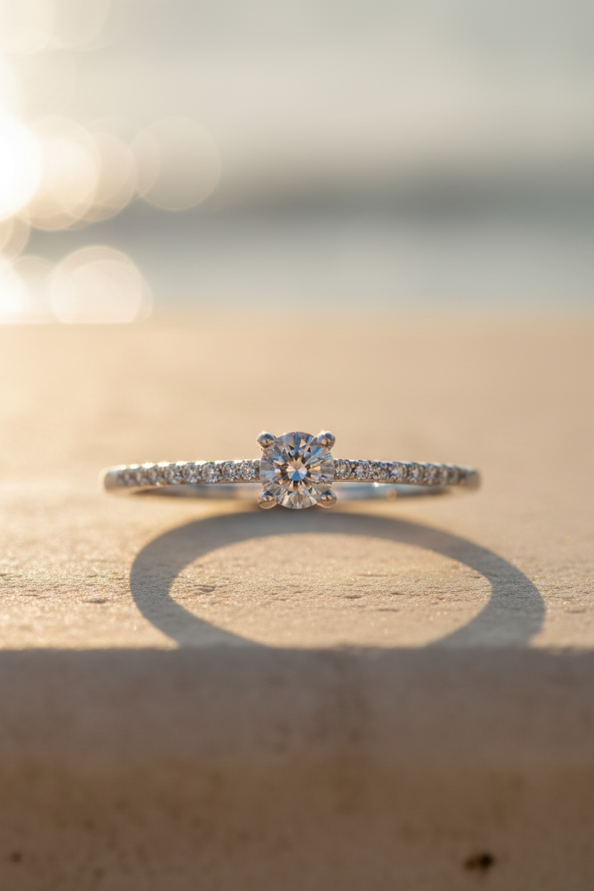 Round CZ Solitaire Pave Band Silver Ring Sunlight Background