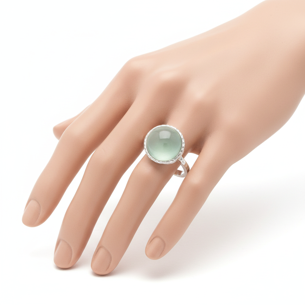 Round Prehnite Scalloped Bezel Hammered Band Silver Ring Mannequin Hand Model 1x1