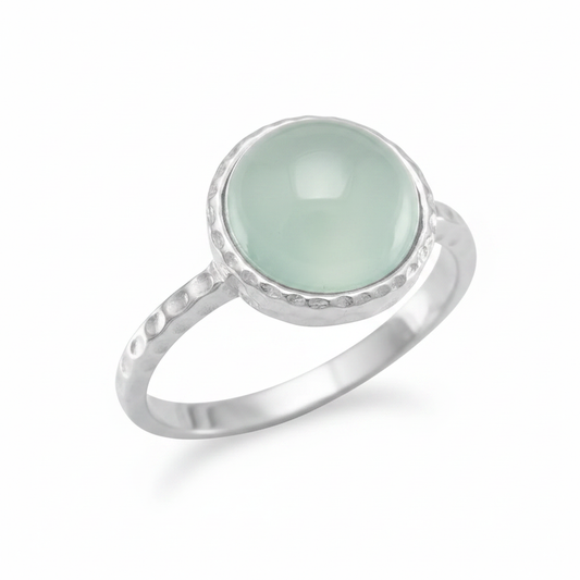 Round Prehnite Scalloped Bezel Hammered Band Silver Ring Pure White Background Tilted Reflection 1x1