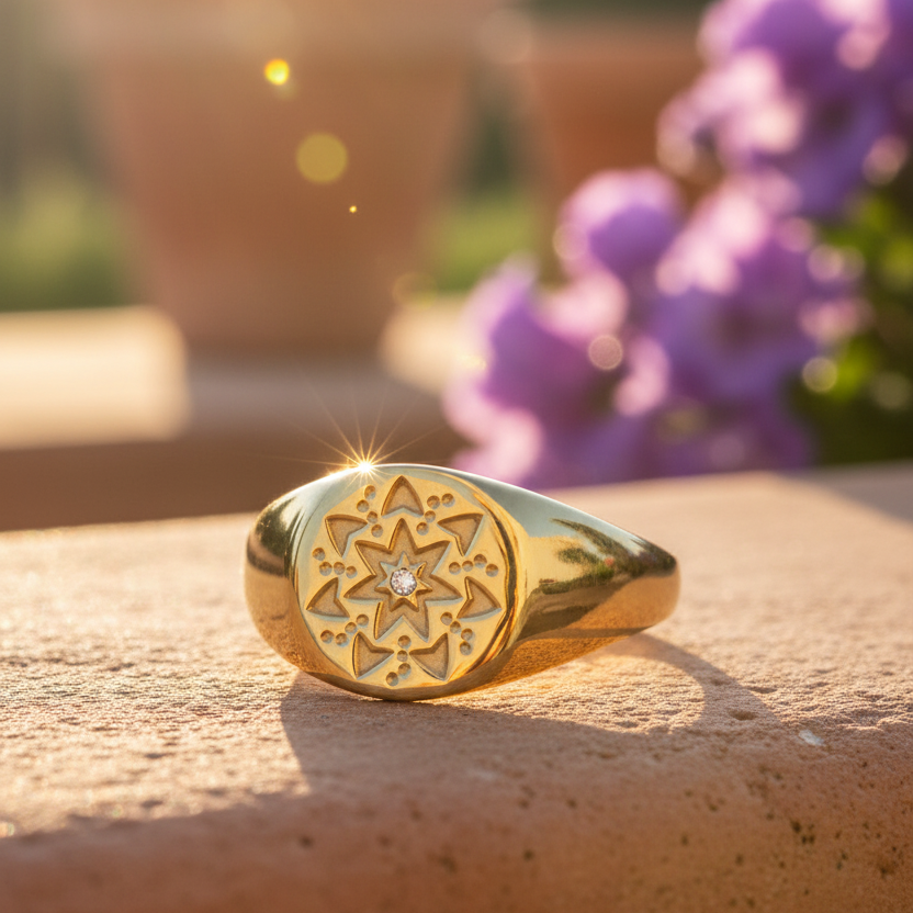Round Signet Star Mandala Gold Ring Sunlight Mediterranean Background