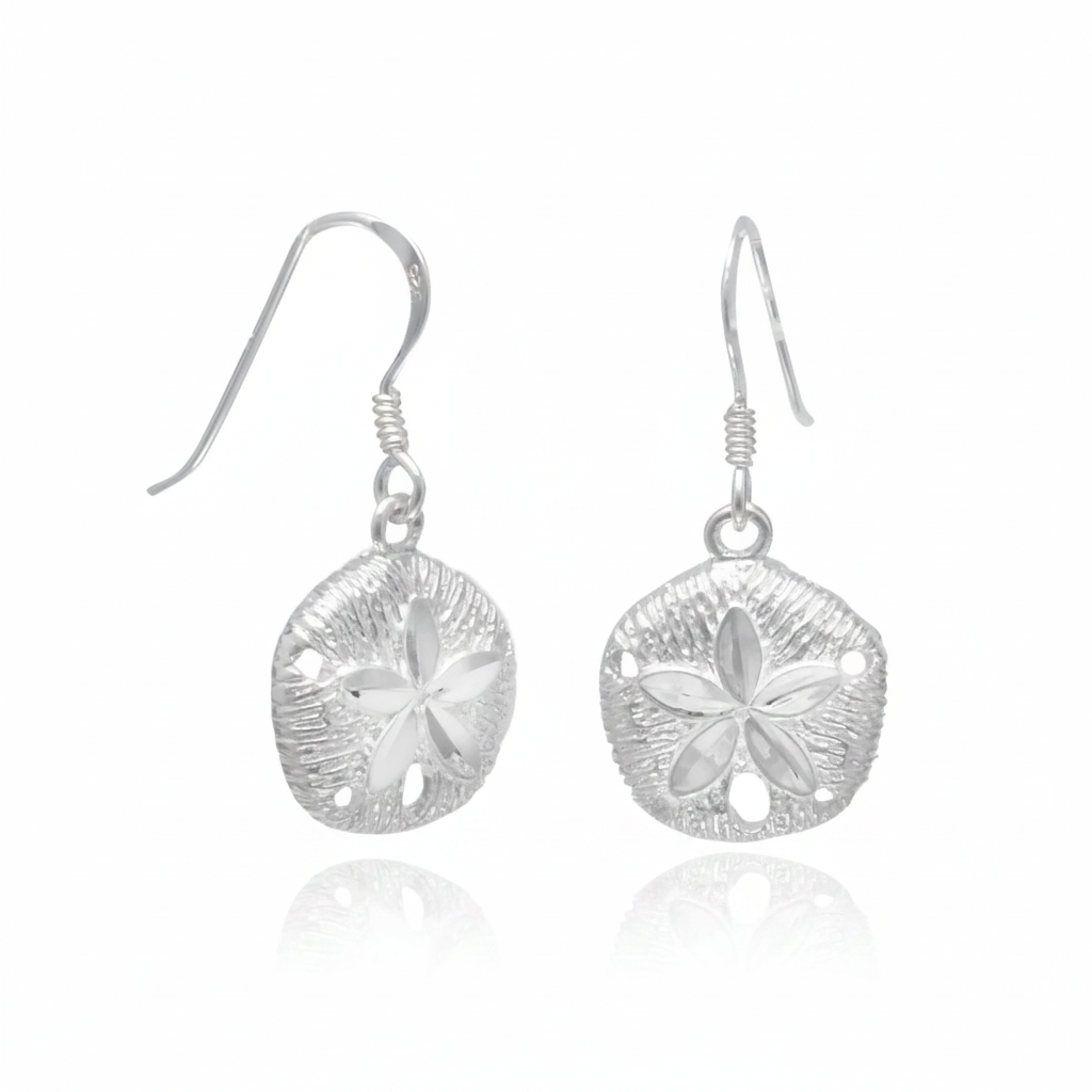 Sand Dollar Silver Dangle Earrings - White Background