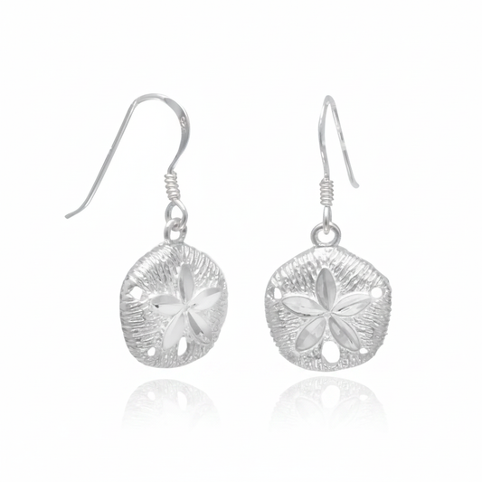 Sand Dollar Silver Dangle Earrings - White Background