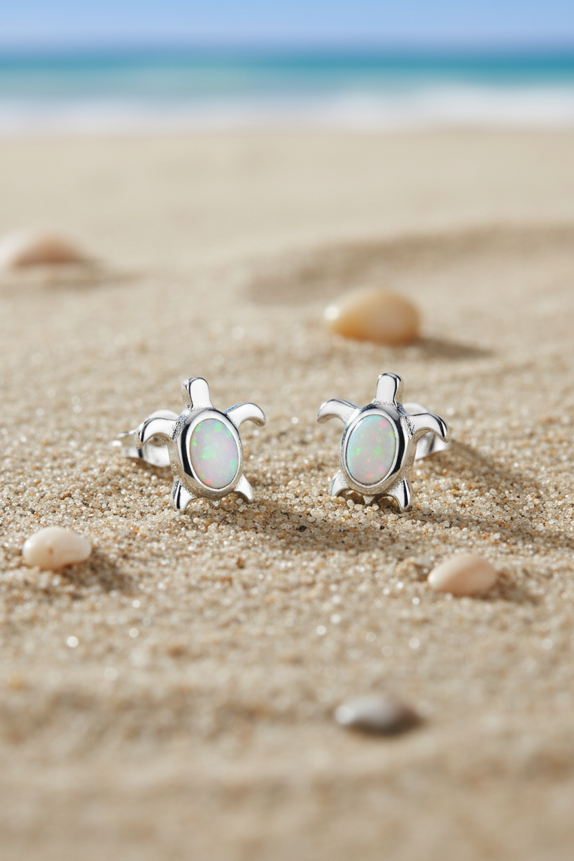 Sea turtle opal earrings on sandy beach