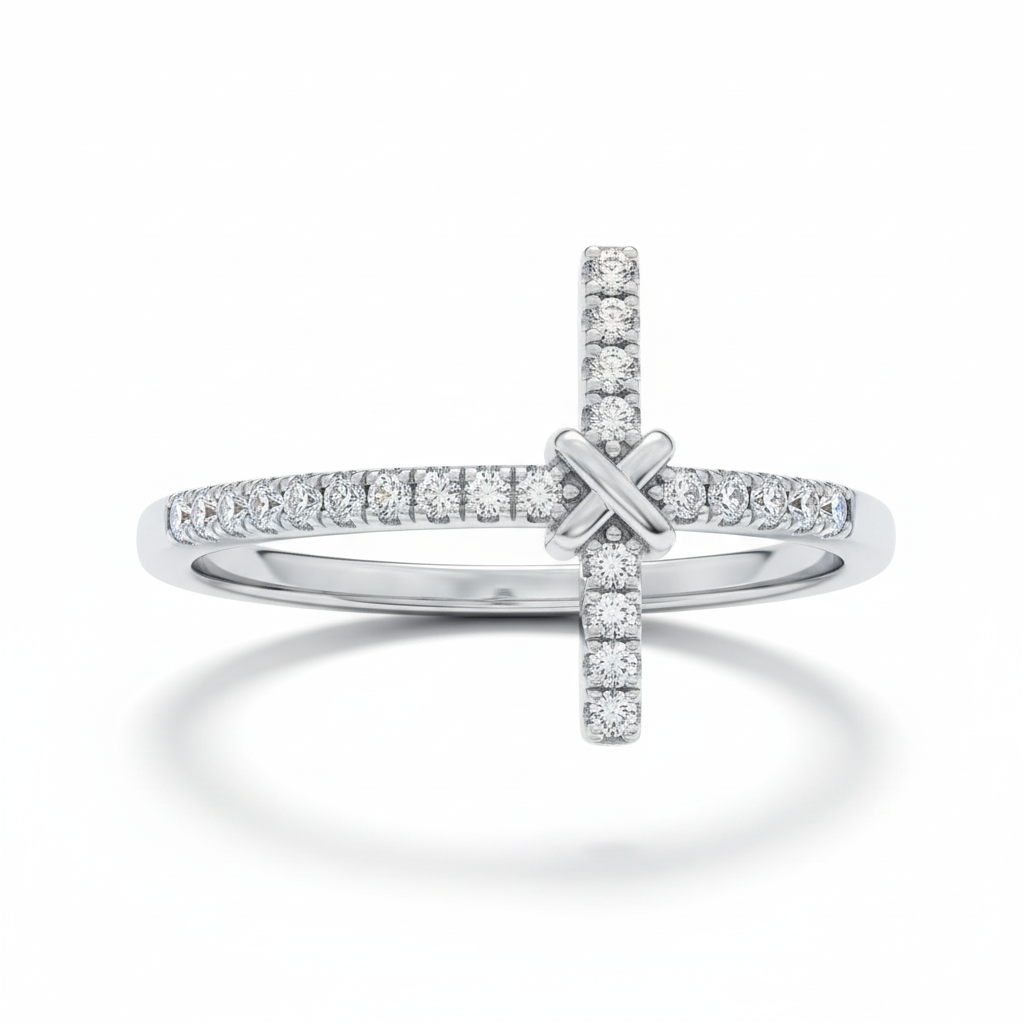 Sideways Cross Asymmetric CZ Band Silver Ring Pure White Background Corrected