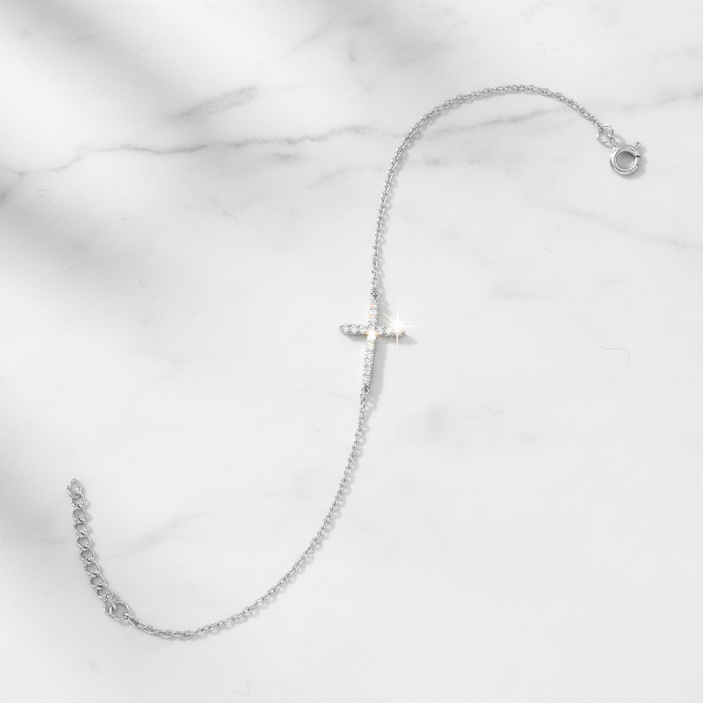 Sideways CZ cross bracelet with elegant background