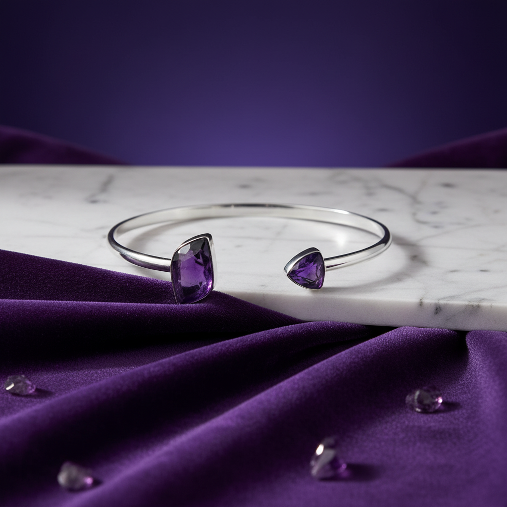 Silver Amethyst Open Cuff Bracelet with Background