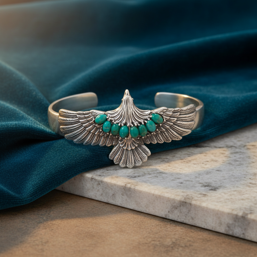 Silver Eagle Turquoise Cuff Bracelet with Beautiful Background