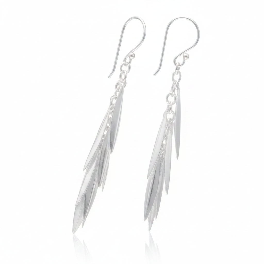 Silver Feather Dangle Earrings - White Background