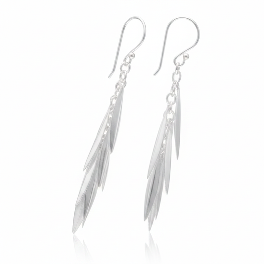 Silver Feather Dangle Earrings - White Background