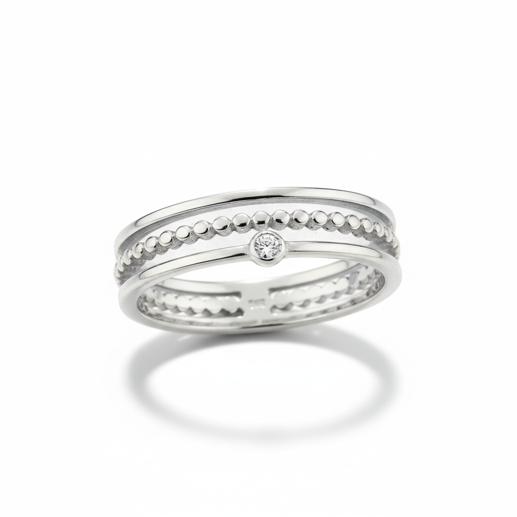 Silver Milgrain CZ Band Ring Angled White Background HD
