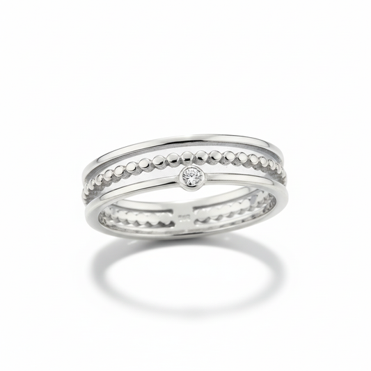 Silver Milgrain CZ Band Ring Angled White Background HD