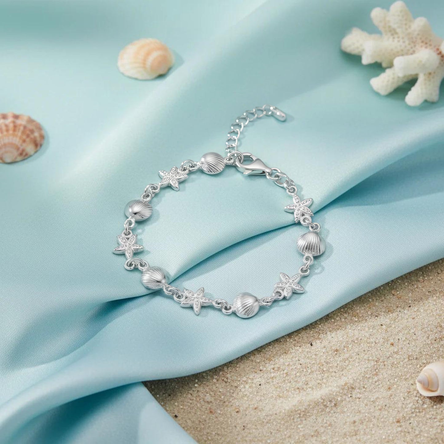 Sterling Silver Shell and Starfish Bracelet, Rhodium Plated, 6.5+1 Inch, Italian Made