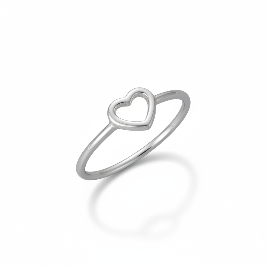 Silver Open Heart Ring Angled White Background HD